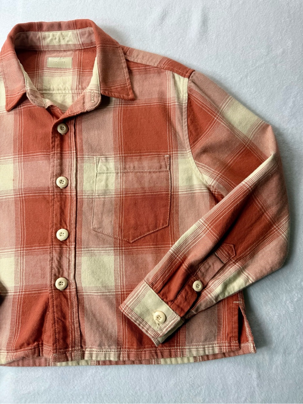 MOTHER Women’s XS Rust Cream Plaid Cropped Button-Up Shirt 100% Cotton - Picture 6 of 11